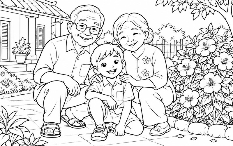 Tranh tô màu ông bà và cháu chụp ảnh kỷ niệm bên vườn hoa