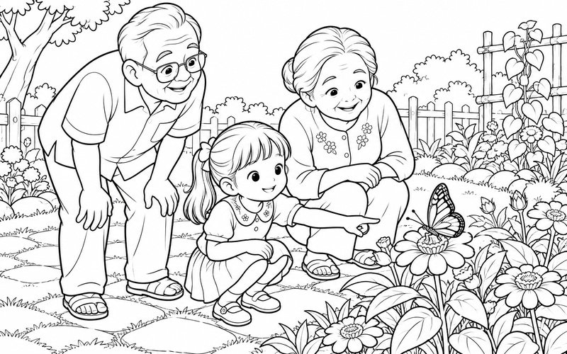 Tranh tô màu ông bà và cháu ngắm bươm bướm trên hoa