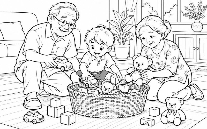 Tranh tô màu ông bà và cháu xếp đồ chơi vào giỏ