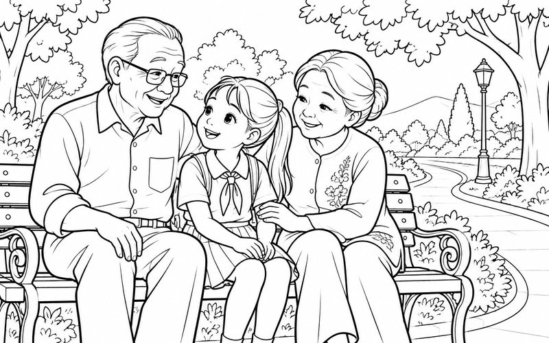 Tranh tô màu ông bà và cháu ngồi chơi trên ghế công viên