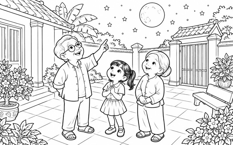 Tranh tô màu ông bà và cháu ngắm trăng từ sân nhà