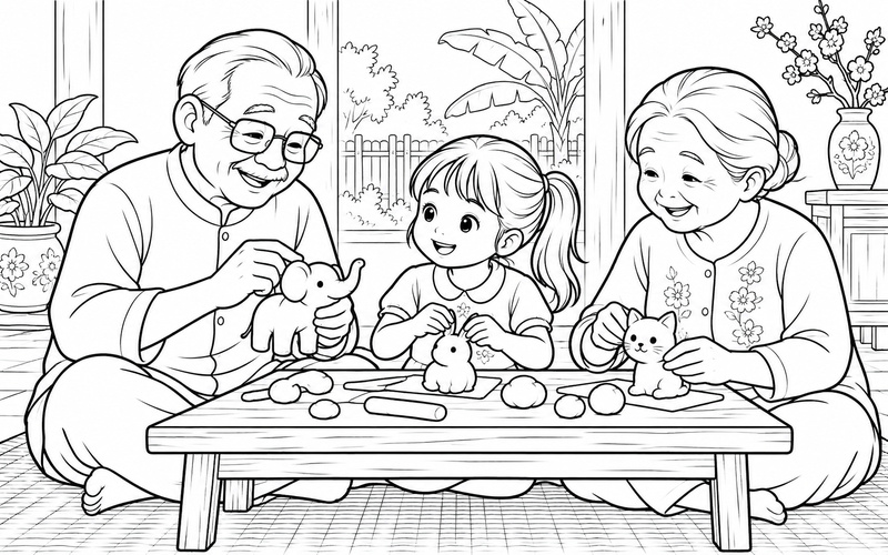 Tranh tô màu ông bà và cháu tạo hình bằng đất nặn