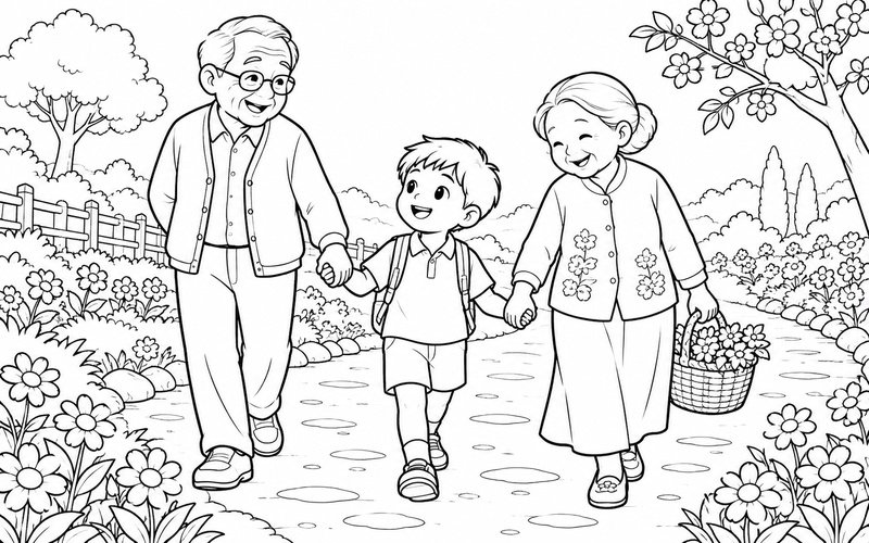 Tranh tô màu ông bà và cháu dạo chơi giữa vườn hoa