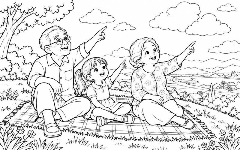 Tranh tô màu ông bà và cháu ngắm mây trên bãi cỏ