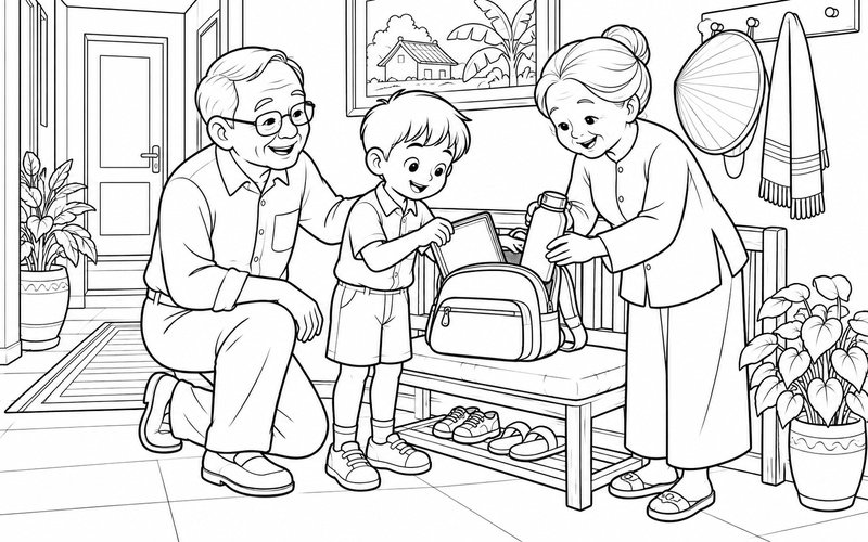 Tranh tô màu ông bà và cháu chuẩn bị chiếc ba lô nhỏ