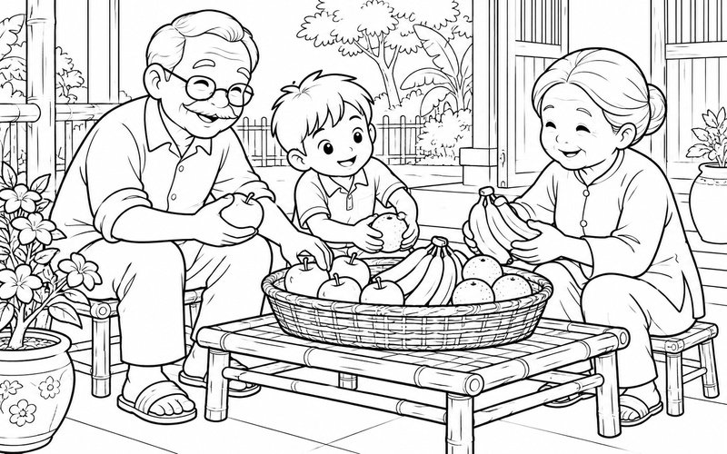Tranh tô màu ông bà và cháu sắp xếp giỏ trái cây