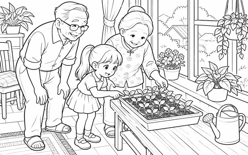 Tranh tô màu ông bà và cháu chăm sóc cây mới nảy mầm