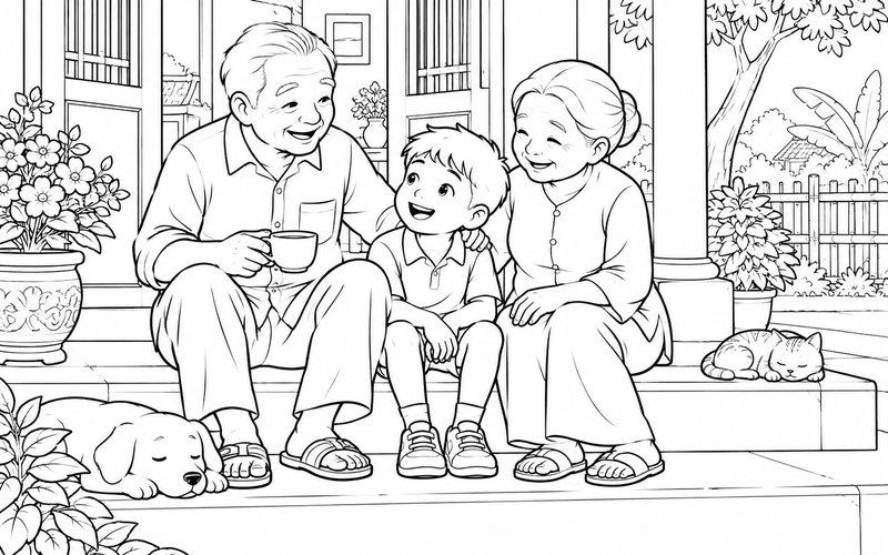 Tranh tô màu ông bà và cháu ngồi bên hiên nhà buổi sáng