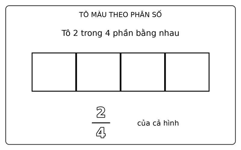Tranh tô màu phân số đơn giản: phân số 2/4: tô 2 trong 4 phần bằng nhau của hình chữ nhật