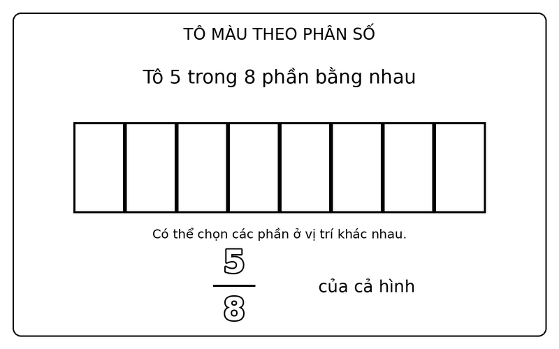 Tranh tô màu phân số đơn giản: phân số 5/8: tô 5 trong 8 phần bằng nhau của hình chữ nhật