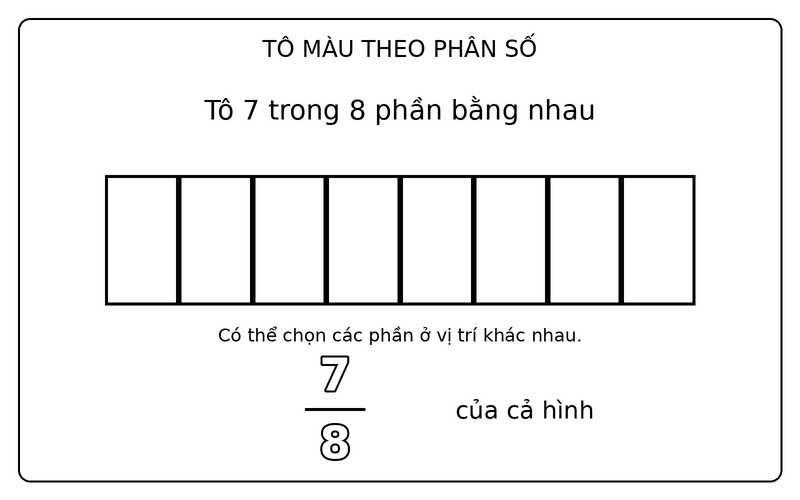 Tranh tô màu phân số đơn giản: phân số 7/8: tô 7 trong 8 phần bằng nhau của hình chữ nhật