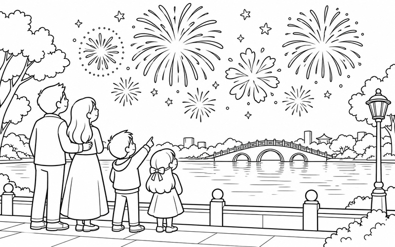 Tranh tô màu gia đình ngắm pháo hoa phía trên hồ và cây cầu cong gần lối đi ven hồ và hàng cây