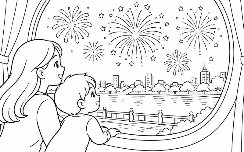 Tranh tô màu bé và mẹ nhìn pháo hoa xa qua cửa sổ tròn gần lối đi ven hồ và hàng cây