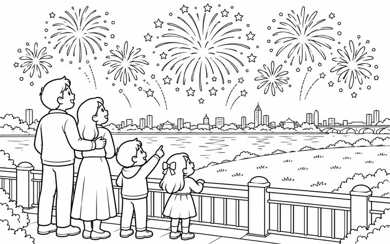 Tranh tô màu bố mẹ và hai bé ngắm pháo hoa tròn từ lan can ven sông trước bãi cỏ rộng và dãy nhà xa