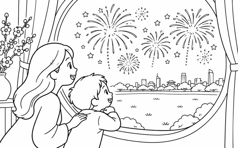 Tranh tô màu bé và mẹ nhìn pháo hoa xa qua cửa sổ tròn trước bãi cỏ rộng và dãy nhà xa