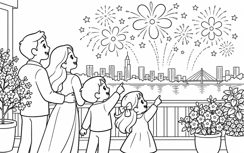 Tranh tô màu hai bé cùng bố mẹ ngắm pháo hoa hình bông hoa ở xa bên những chậu hoa trên ban công gia đình