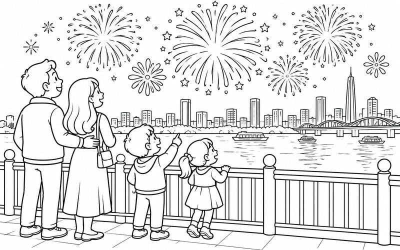 Tranh tô màu bố mẹ và hai bé ngắm pháo hoa tròn từ lan can ven sông nhìn về dãy nhà xa bên kia mặt nước
