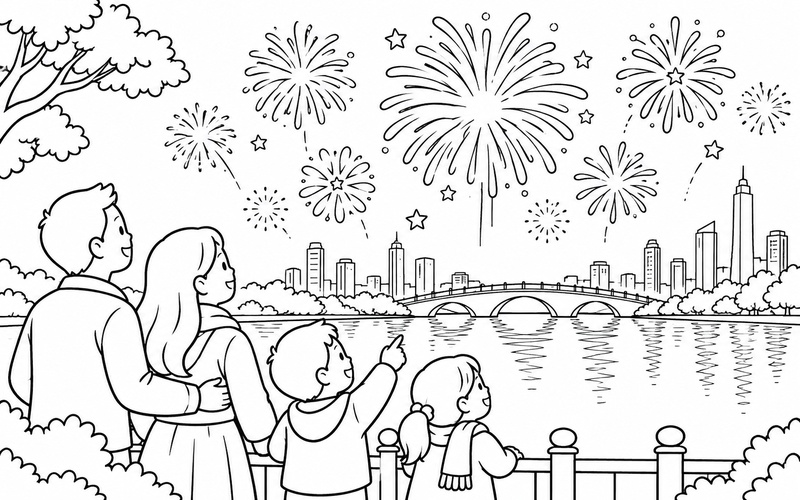 Tranh tô màu gia đình ngắm pháo hoa phía trên hồ và cây cầu cong nhìn về dãy nhà xa bên kia mặt nước