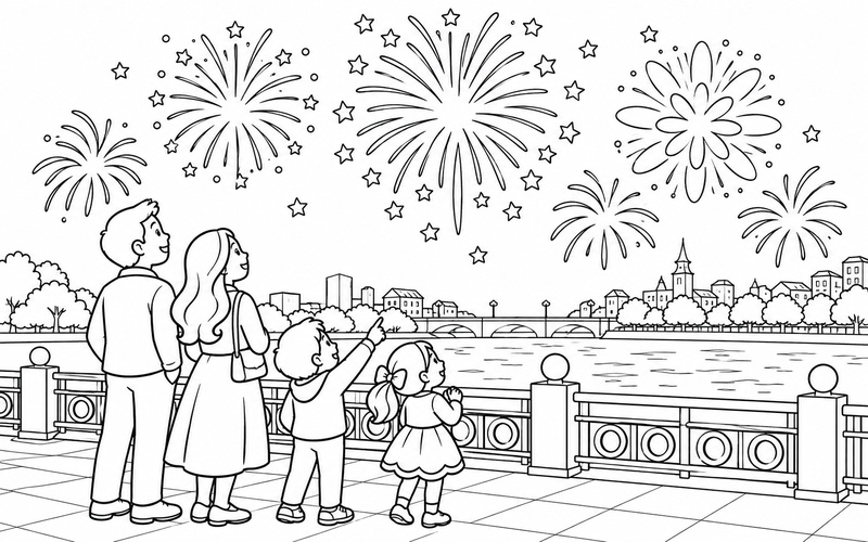 Tranh tô màu bố mẹ và hai bé ngắm pháo hoa tròn từ lan can ven sông tại khoảng sân rộng ngắm giao thừa