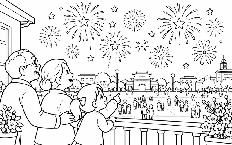 Tranh tô màu ông bà và bé ngắm pháo hoa hình sao từ ban công tại khoảng sân rộng ngắm giao thừa