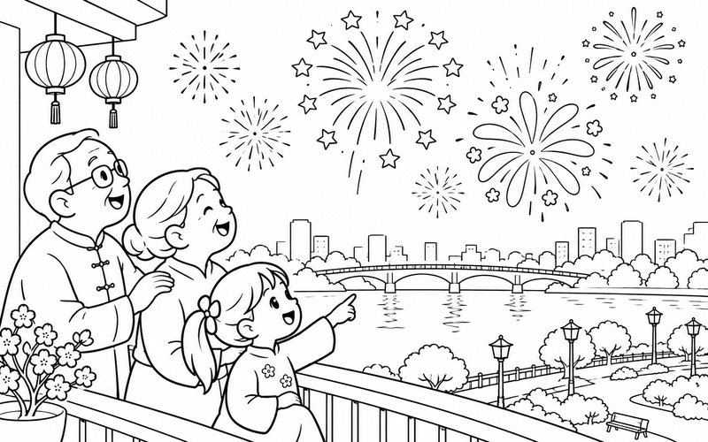 Tranh tô màu ông bà và bé ngắm pháo hoa hình sao từ ban công bên công viên ven sông treo đèn lồng
