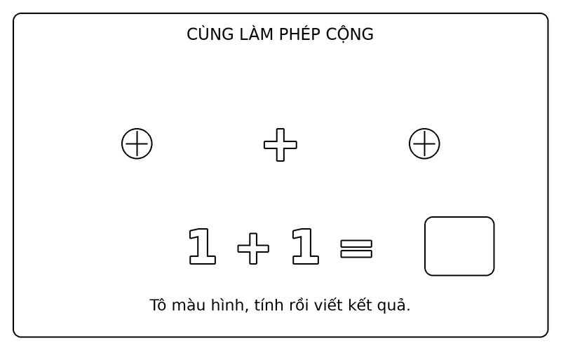 Tranh tô màu phép cộng đơn giản: phép cộng 1 + 1 với quả bóng, ô kết quả để trống