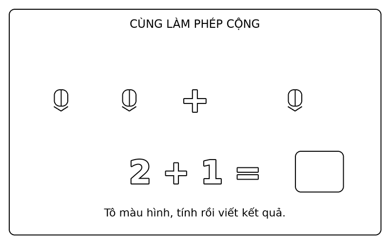 Tranh tô màu phép cộng đơn giản: phép cộng 2 + 1 với bút chì, ô kết quả để trống