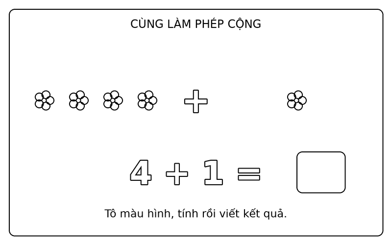 Tranh tô màu phép cộng đơn giản: phép cộng 4 + 1 với bông hoa, ô kết quả để trống