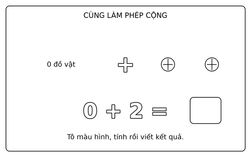 Tranh tô màu phép cộng đơn giản: phép cộng 0 + 2 với quả bóng, ô kết quả để trống