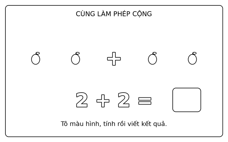 Tranh tô màu phép cộng đơn giản: phép cộng 2 + 2 với quả táo, ô kết quả để trống