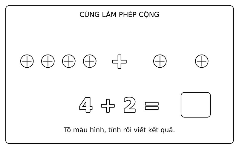 Tranh tô màu phép cộng đơn giản: phép cộng 4 + 2 với quả bóng, ô kết quả để trống