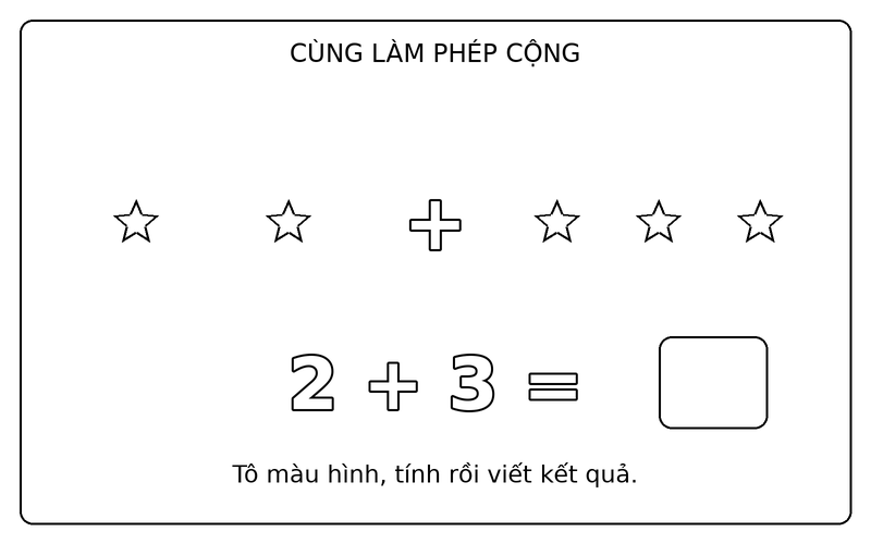 Tranh tô màu phép cộng đơn giản: phép cộng 2 + 3 với ngôi sao, ô kết quả để trống