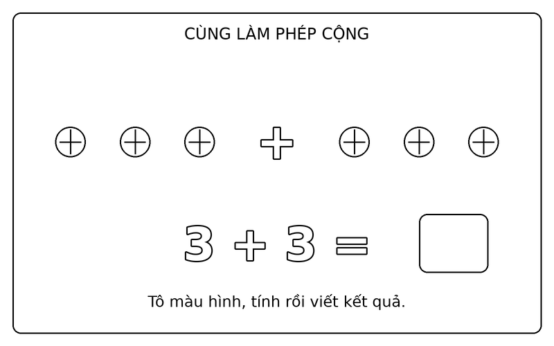 Tranh tô màu phép cộng đơn giản: phép cộng 3 + 3 với quả bóng, ô kết quả để trống