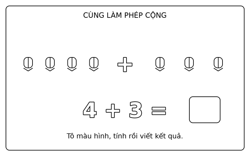 Tranh tô màu phép cộng đơn giản: phép cộng 4 + 3 với bút chì, ô kết quả để trống