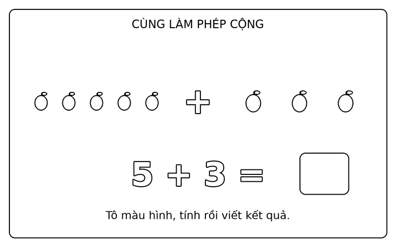Tranh tô màu phép cộng đơn giản: phép cộng 5 + 3 với quả táo, ô kết quả để trống