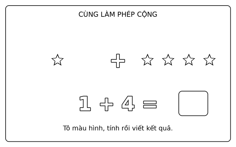 Tranh tô màu phép cộng đơn giản: phép cộng 1 + 4 với ngôi sao, ô kết quả để trống