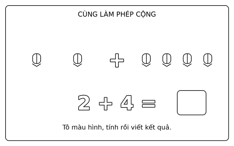 Tranh tô màu phép cộng đơn giản: phép cộng 2 + 4 với bút chì, ô kết quả để trống