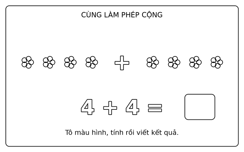 Tranh tô màu phép cộng đơn giản: phép cộng 4 + 4 với bông hoa, ô kết quả để trống