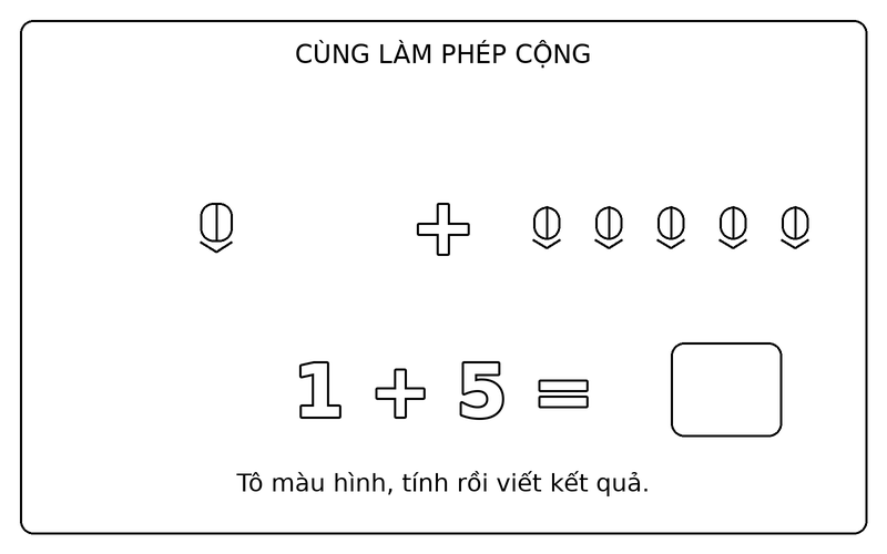 Tranh tô màu phép cộng đơn giản: phép cộng 1 + 5 với bút chì, ô kết quả để trống