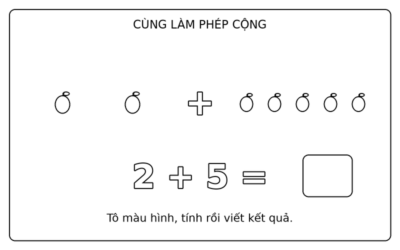 Tranh tô màu phép cộng đơn giản: phép cộng 2 + 5 với quả táo, ô kết quả để trống