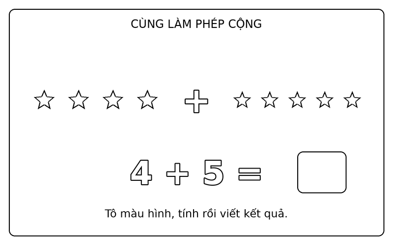 Tranh tô màu phép cộng đơn giản: phép cộng 4 + 5 với ngôi sao, ô kết quả để trống
