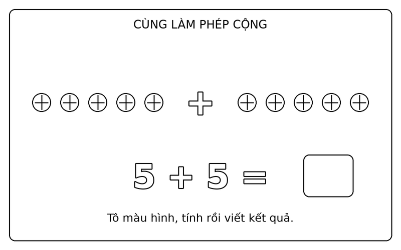 Tranh tô màu phép cộng đơn giản: phép cộng 5 + 5 với quả bóng, ô kết quả để trống