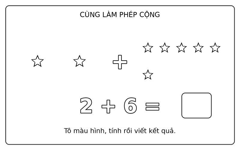 Tranh tô màu phép cộng đơn giản: phép cộng 2 + 6 với ngôi sao, ô kết quả để trống