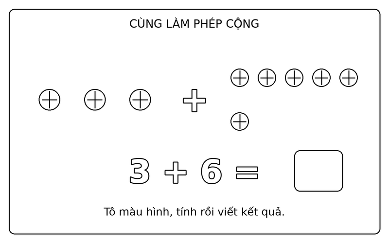 Tranh tô màu phép cộng đơn giản: phép cộng 3 + 6 với quả bóng, ô kết quả để trống