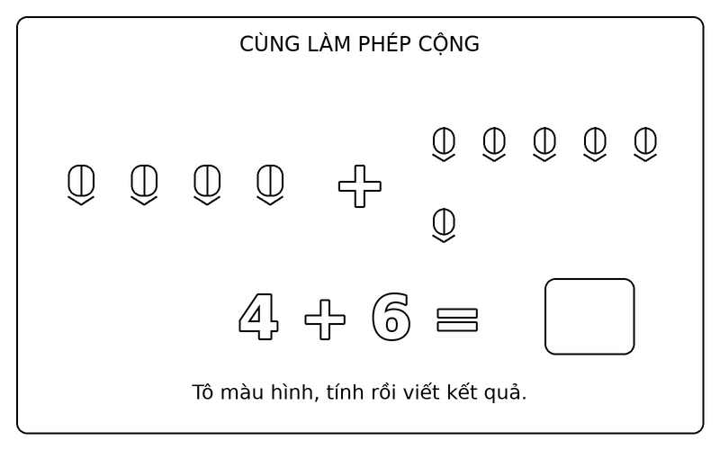 Tranh tô màu phép cộng đơn giản: phép cộng 4 + 6 với bút chì, ô kết quả để trống