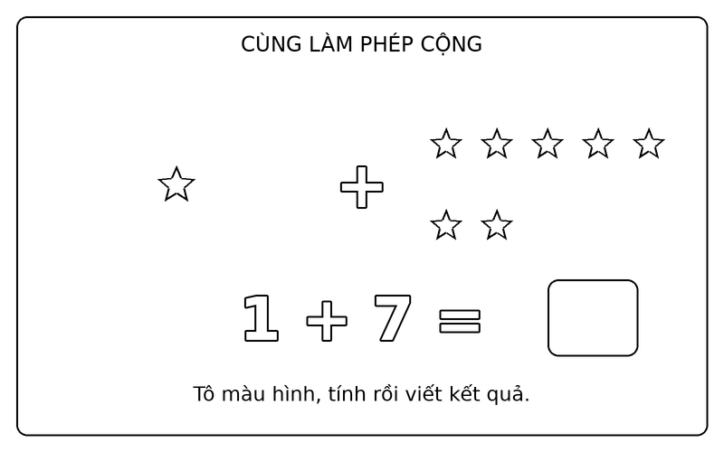 Tranh tô màu phép cộng đơn giản: phép cộng 1 + 7 với ngôi sao, ô kết quả để trống
