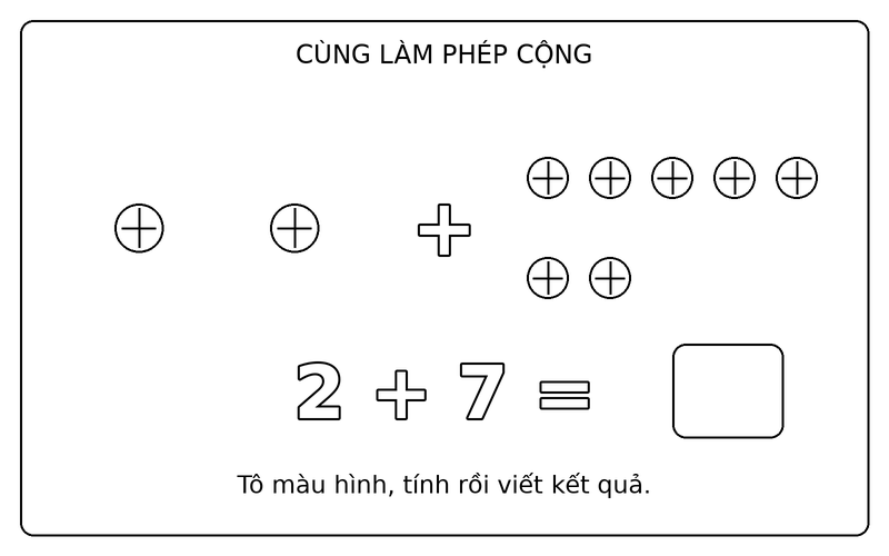 Tranh tô màu phép cộng đơn giản: phép cộng 2 + 7 với quả bóng, ô kết quả để trống