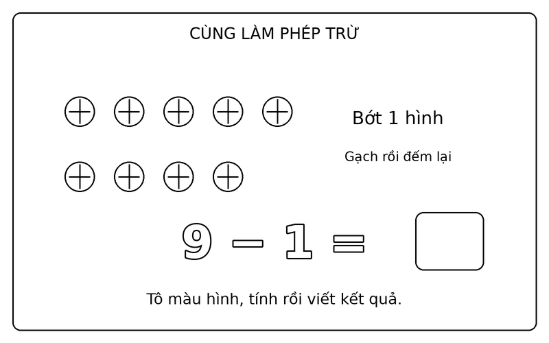 Tranh tô màu phép trừ đơn giản: phép trừ 9 − 1 với quả bóng, ô kết quả để trống