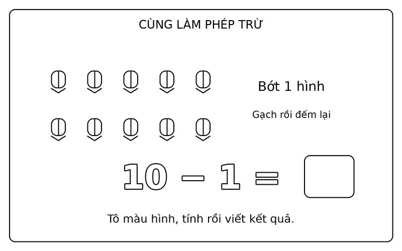 Tranh tô màu phép trừ đơn giản: phép trừ 10 − 1 với bút chì, ô kết quả để trống