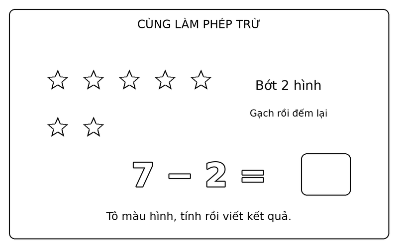 Tranh tô màu phép trừ đơn giản: phép trừ 7 − 2 với ngôi sao, ô kết quả để trống